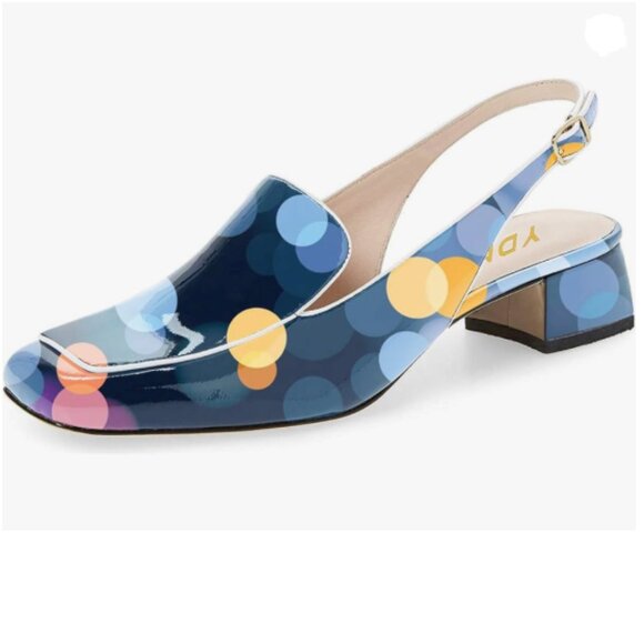 YDN Colorful-dots Square Toe Block Low Heels Slingback Formal Loafer Dressy Shoe - Picture 1 of 8